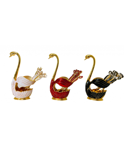 Fancy Swan Shaped 6 Tea Spoons and Stand Set - Assorted Colors