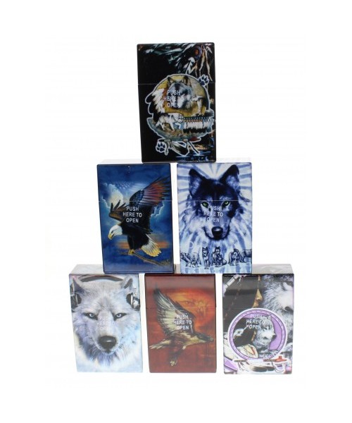 Cigarette Case - Plastic Push W/ Wolf & Eagle Pictures - 20 King Size (12)