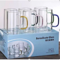 Borosilicate Glass Mug w/Colored Handle (6 Pcs). Borosilicate Glass Mug w/Colored Handle (6 Pcs).