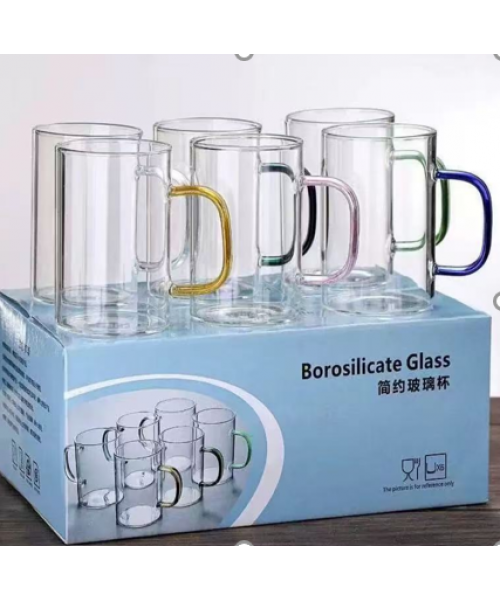 Borosilicate Glass Mug w/Colored Handle (6 Pcs). Borosilicate Glass Mug w/Colored Handle (6 Pcs).