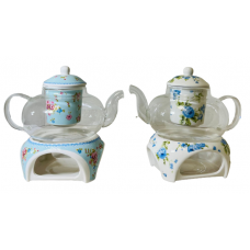 Glass Tea Pot Set W/ Ceramic Filter & Candle Warmer - (17-1)