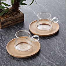 Glass Tea Cup - Set of 2 W/Bamboo Saucer