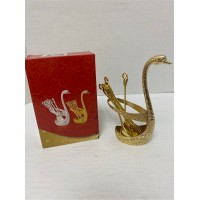 Fancy Swan Shaped 6 Tea Spoons and Stand Set - Gold