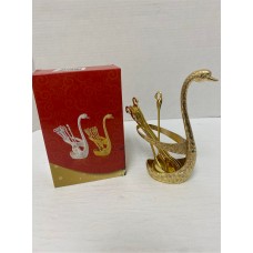 Fancy Swan Shaped 6 Tea Spoons and Stand Set - Gold