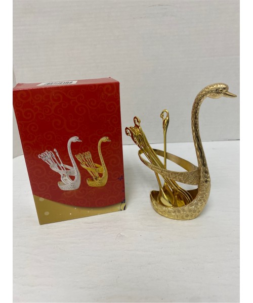 Fancy Swan Shaped 6 Tea Spoons and Stand Set - Gold