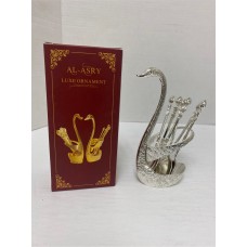 Fancy Swan Shaped 6 Tea Spoons and Stand Set - Silver