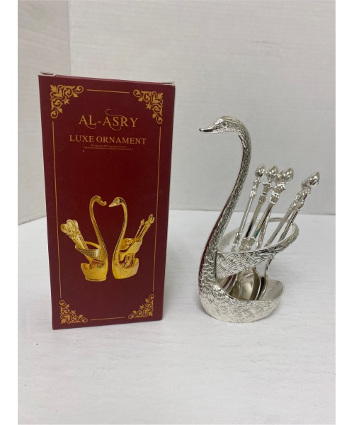 Fancy Swan Shaped 6 Tea Spoons and Stand Set - Silver